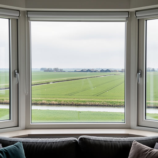 blik vanuit woonkamer in Lutten door wit kunststof erkerraam over buitengebied