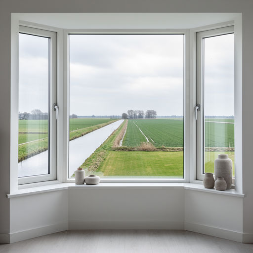 blik vanuit woonkamer in Rheeze door wit kunststof erkerraam over buitengebied