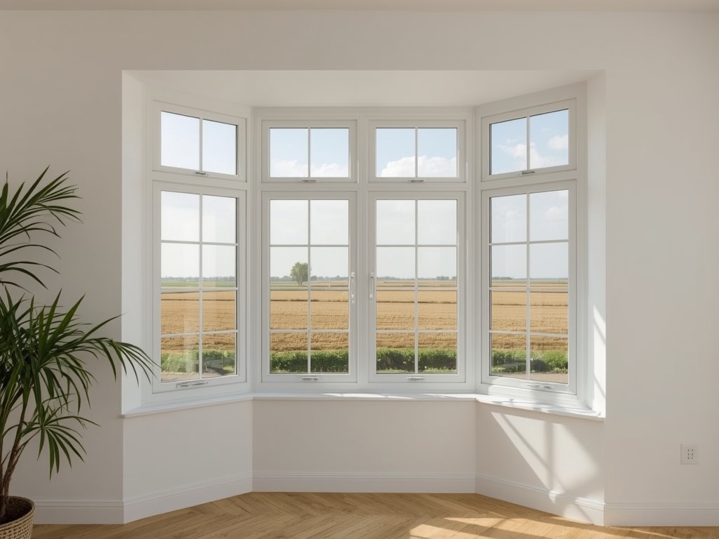 blik vanuit woonkamer in Bergentheim door wit kunststof erkerraam over buitengebied