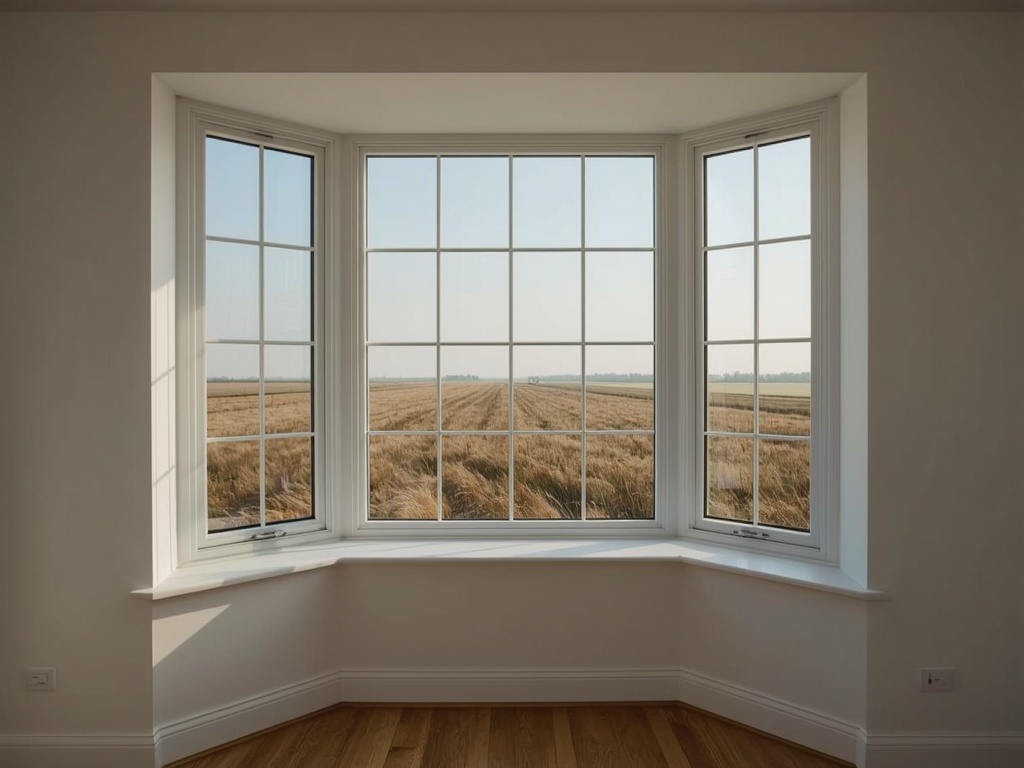 blik vanuit woonkamer in Hardenberg door wit kunststof erkerraam over poldergebied