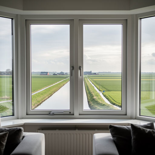 blik vanuit woonkamer in Marienberg door wit kunststof erkerraam over buitengebied
