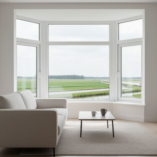 blik vanuit woonkamer in Sibculo door wit kunststof erkerraam over landelijk buitengebied