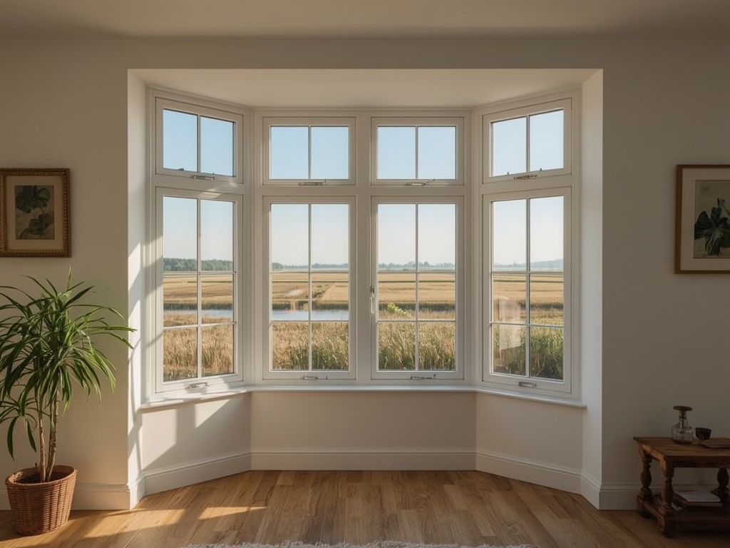 blik vanuit woonkamer in Ommen door wit kunststof erkerraam over buitengebied met weilanden