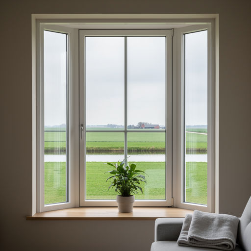 blik vanuit woonkamer in Den Velde door wit kunststof erkerraam over landelijk poldergebied