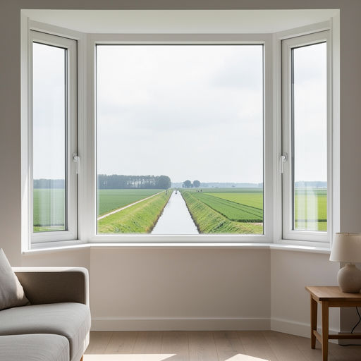 blik vanuit woonkamer in Emmen door wit kunststof erkerraam over groen buitengebied