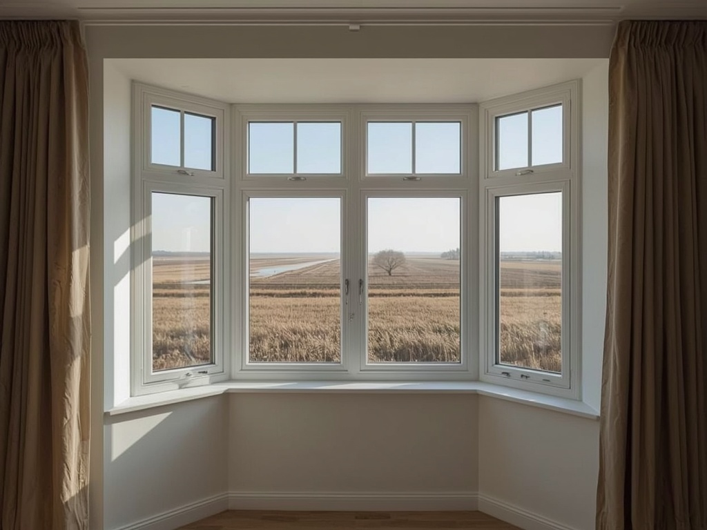 blik vanuit woonkamer in Vriezenveen door wit kunststof erkerraam over buitengebied met weilanden