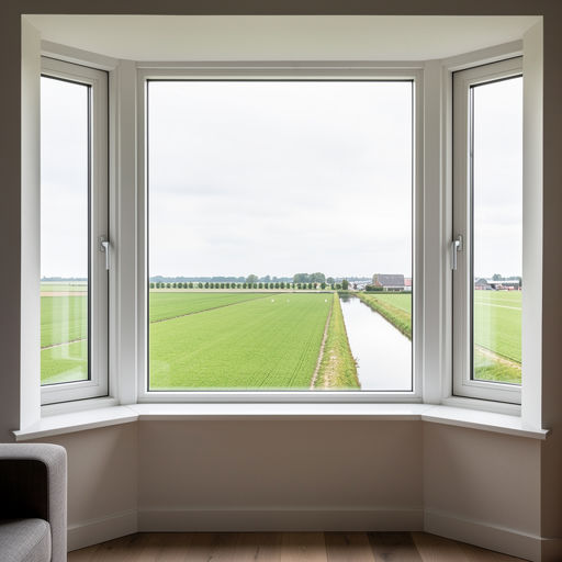 blik vanuit woonkamer in Gramsbergen door wit kunststof erkerraam over poldergebied