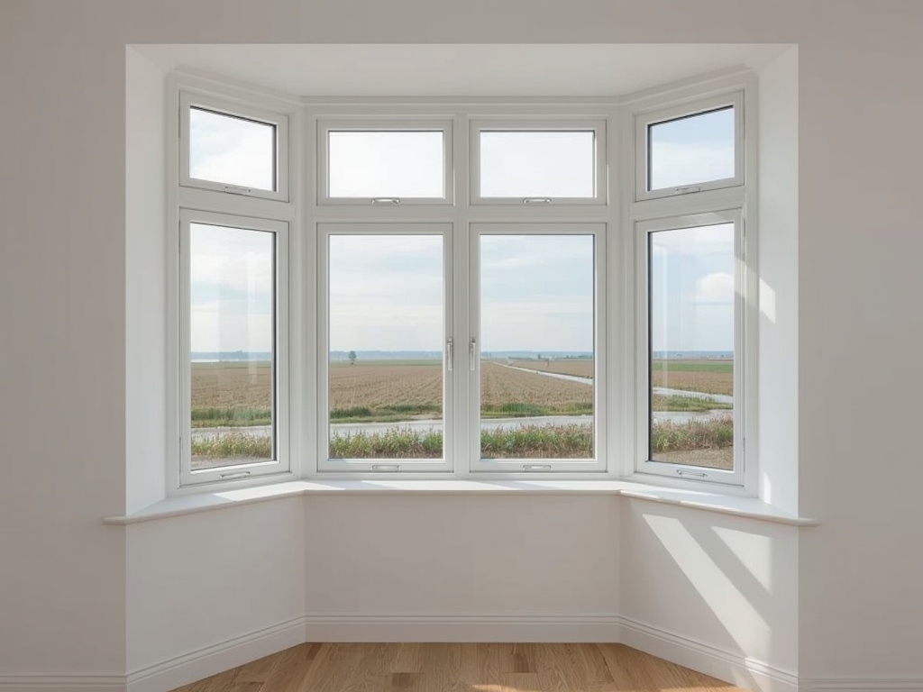uitzicht vanuit woonkamer in Almelo door wit kunststof erkerraam op groen woonerf