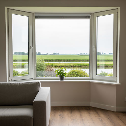 blik vanuit woonkamer in Hoogeveen door wit kunststof erkerraam over poldergebied
