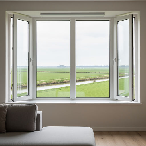 blik vanuit woonkamer in Kloosterhaar door wit kunststof erkerraam over het omliggende veengebied