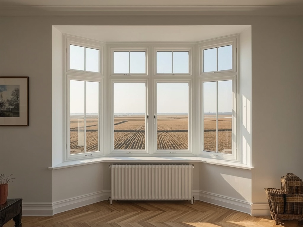 blik vanuit woonkamer in De Krim door wit kunststof erkerraam over landelijk poldergebied