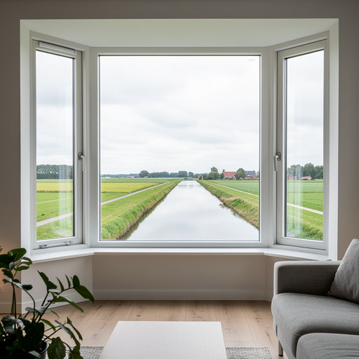 blik vanuit woonkamer in Avereest door wit kunststof erkerraam over buitengebied