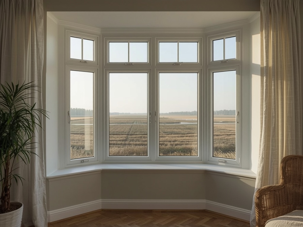 blik vanuit woonkamer in Balkbrug door wit kunststof erkerraam over buitengebied
