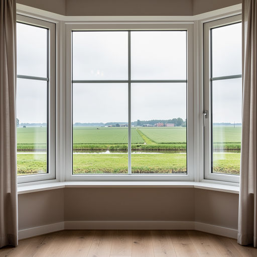 blik vanuit woonkamer in Dedemsvaart door wit kunststof erkerraam over buitengebied