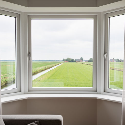 blik vanuit woonkamer in Slagharen door wit kunststof erkerraam over omliggende weilanden