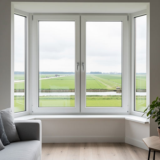 blik vanuit woonkamer in Dalfsen door wit kunststof erkerraam over poldergebied