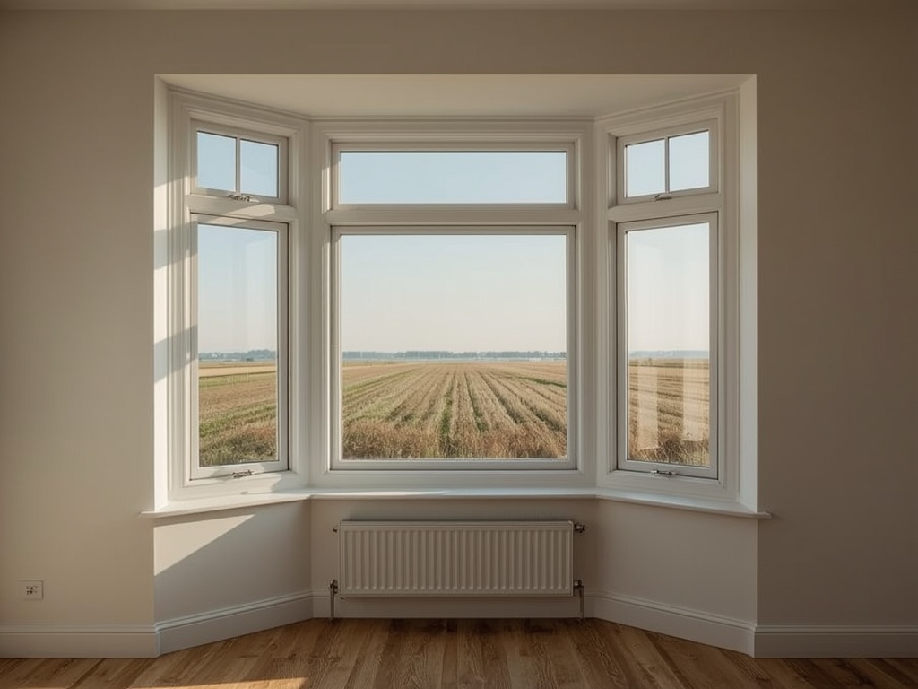 uitzicht vanuit woonkamer in Enter door wit kunststof erkerraam op het Twentse buitengebied