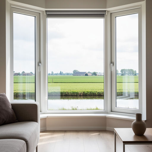 blik vanuit woonkamer in Rheezerveen door wit kunststof erkerraam over landelijk buitengebied