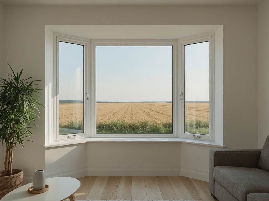 blik vanuit woonkamer in Nieuwleusen door wit kunststof erkerraam over landelijk gebied
