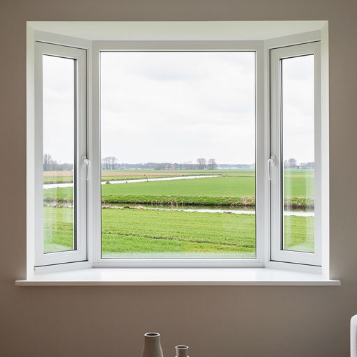 blik vanuit woonkamer in Hardenberg door wit kunststof erkerraam over poldergebied